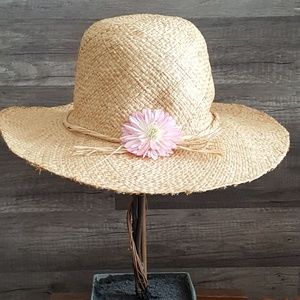 Straw Wide Rim Sun Hat with Pink Flower